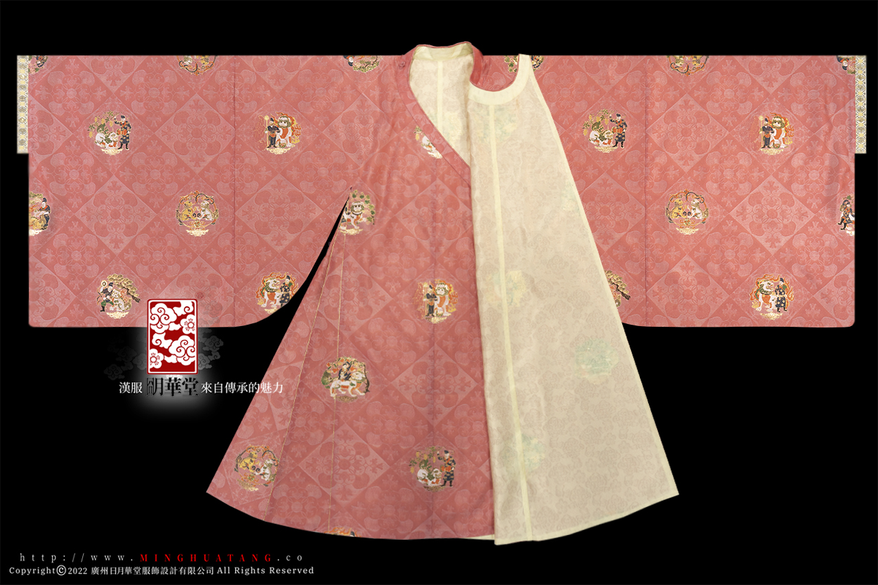 唐人抱狮妆花织金纱圆领袍-水红-展开展示.jpg