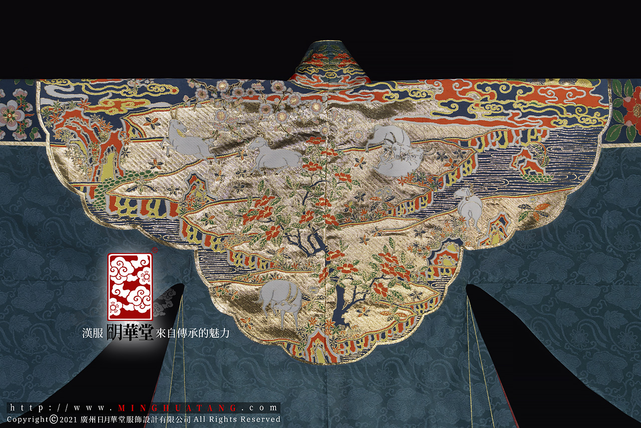 藏青 九羊开泰云肩通袖妆花织金纱-背面细节展示.jpg